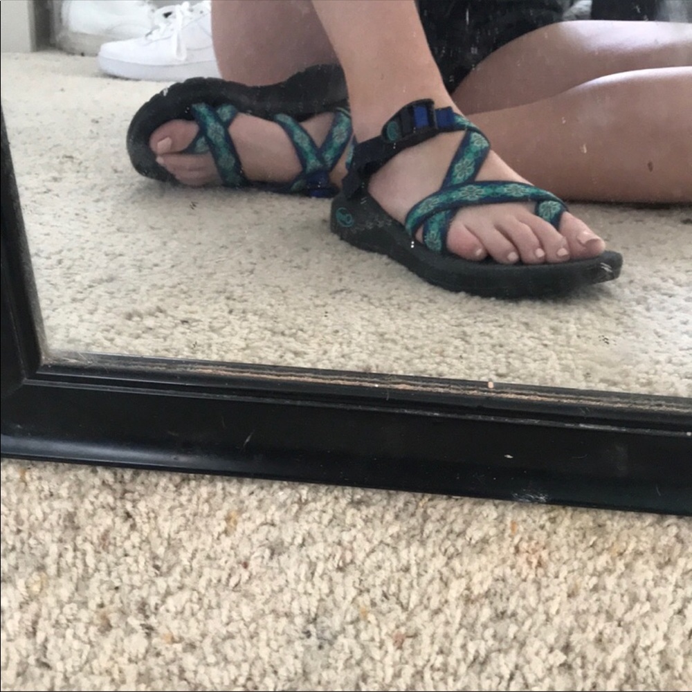 blue white and black chacos